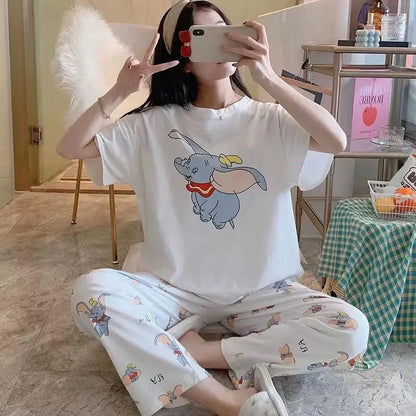 Sommer Pooh Bär Nachtwäsche frauen Lose Bequeme Cartoon Print Hause Kleidung Set Kurzarm Nachthemd Mickey Pyjama Set