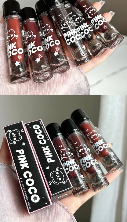 PINKCOCO Bear Doodle Mirror Lip Glaze — Long-Lasting Shiny Lip Gloss, Student-Friendly, Skin-Brightening Nude Lipstick.