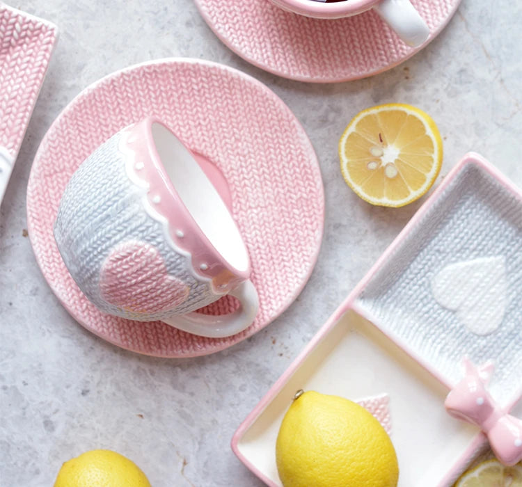 250ml Ceramic Tea Cup And Saucer Set Kawaii Bowknot Coffee Cup Dish Pink Wool Knitting Mug Microwave Safe.