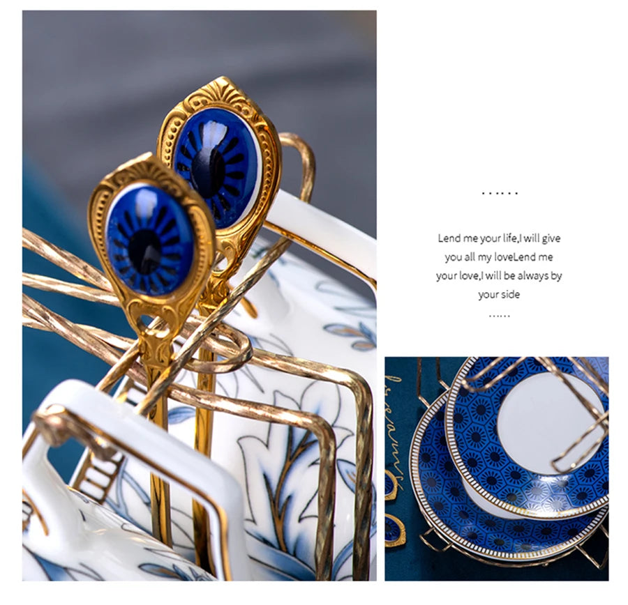 Elegant Cup and Saucer Set Bone China Sugar Jar Milk Jug Coffee Pot Set Cyan Magnolia Home English Mug Teaset Dessert Plate.