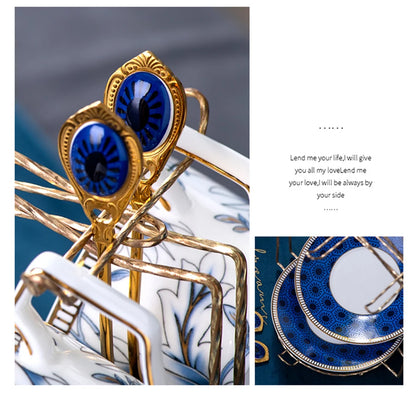 Elegant Cup and Saucer Set Bone China Sugar Jar Milk Jug Coffee Pot Set Cyan Magnolia Home English Mug Teaset Dessert Plate.