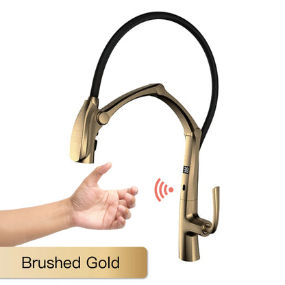 AITANA Gun Grey Luxury Brass LED Display Kitchen Faucet，Touchless Sensor，Pull-Out 3-Function Spray Water-Saving SinK Mixer