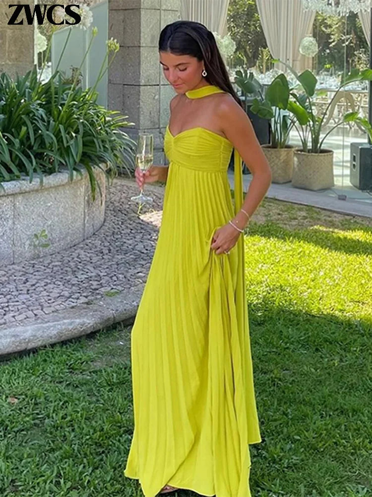 Elegante trägerlose Band-Plissee-Kleider für Damen, sexy, ärmellos, rückenfrei, langes Kleid, 2025, Frühjahr, neue Dame, Abendparty-Roben.