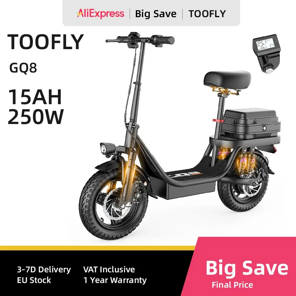 TOOFLY GQ8 Adult Electric Scooter 250W E-Scooter 48V15AH 14" Vacuum Tires Urban Commuting Foldable EScooter.