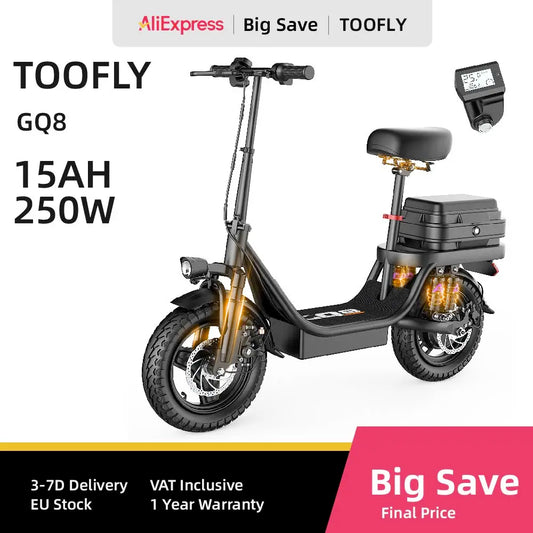 TOOFLY GQ8 Adult Electric Scooter 250W E-Scooter 48V15AH 14" Vacuum Tires Urban Commuting Foldable EScooter.