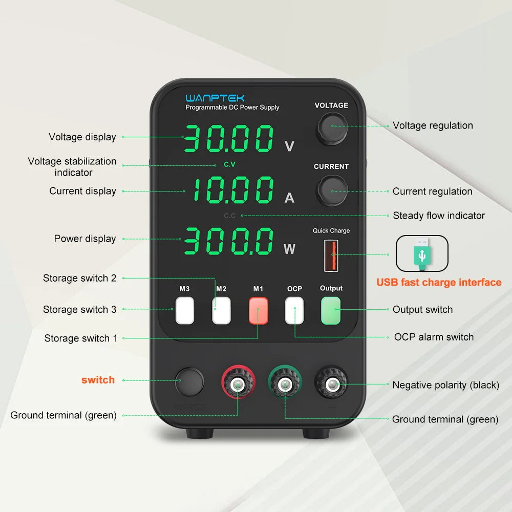 Wanptek 30V 5A 10A Switching Power Supply with 3 Groups Memory Storage Laboratory Work Regulated Power Supply Preset Current.
