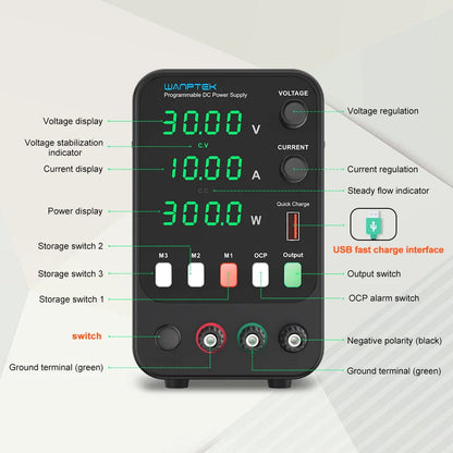 Wanptek 30V 5A 10A Switching Power Supply with 3 Groups Memory Storage Laboratory Work Regulated Power Supply Preset Current.
