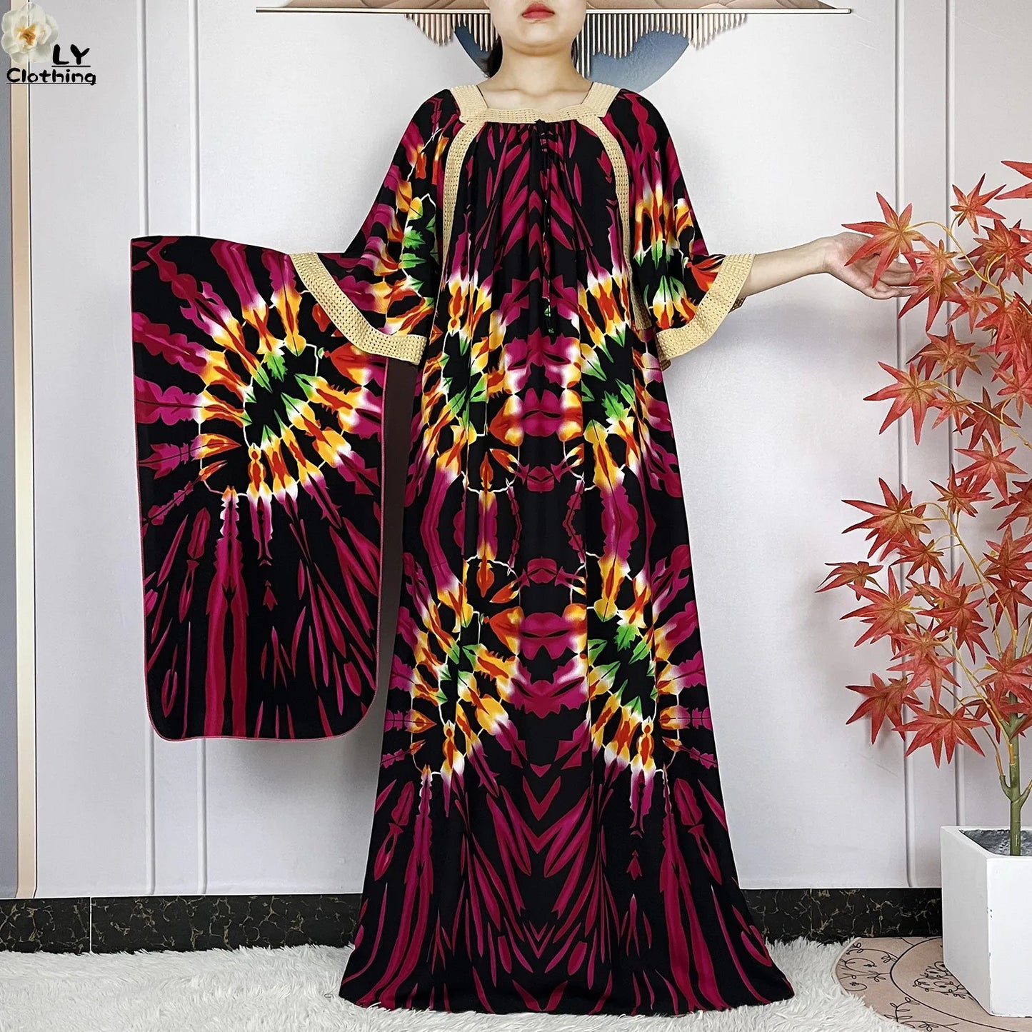 New Muslim Dress Woman Short Sleeve Dashiki African Abaya Tie-dyed Printing Cotton Loose Femme Robe Islamic Dresses With Scarf.