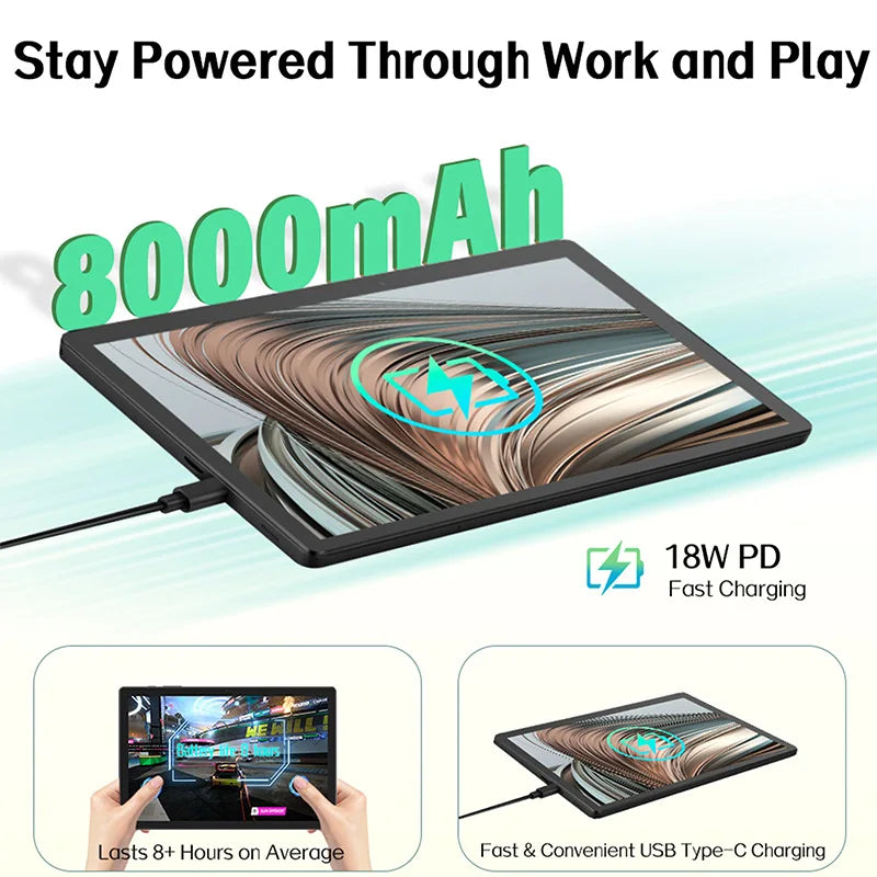 ANRY 10.95-inch HD Display Tablet Android 15 12GB RAM 128 ROM 2.4G/5G WiFi T606 Octa-Code 8000mAh Android Tablets with Case.