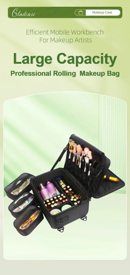 GLADCASE Makeup Case Large Waterproof Makeup Toolbox Professional With Brush Holder Beauty Cosmetic Suitcase Make Up Organizer.