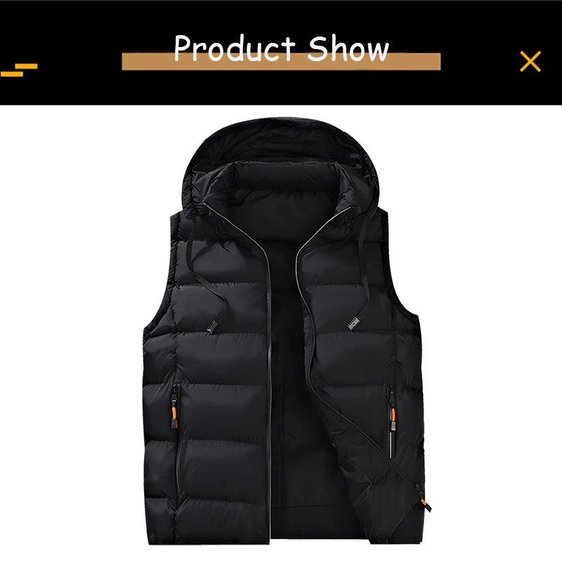 Autumn Winter Men Sleeveless Warm Detachable Hooded Vest Men Outdoor Windproof Casual Fashion Loose Brand Zipper Vest Male Coat.