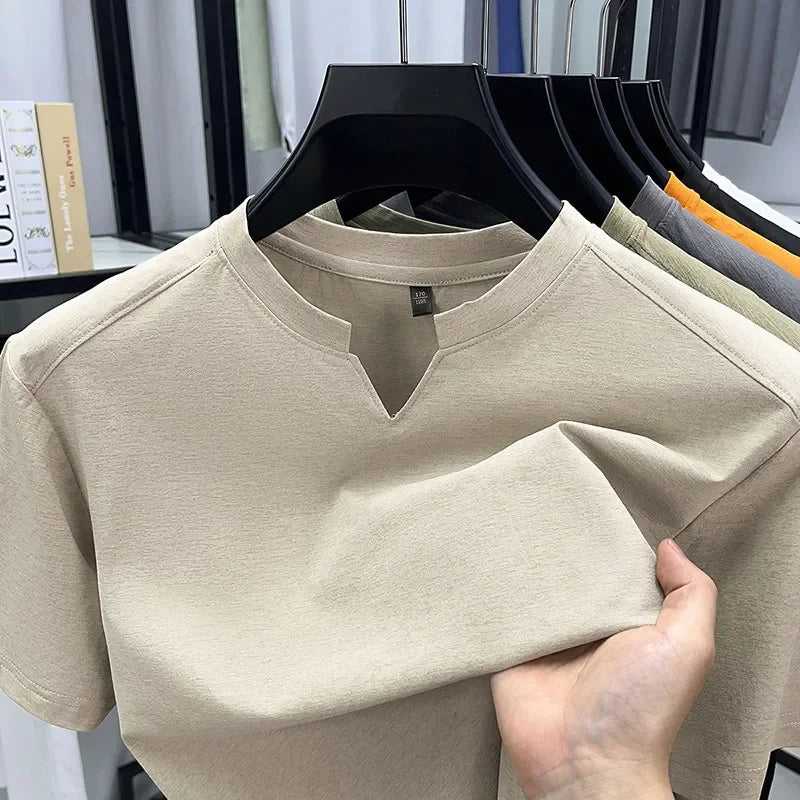 Korean Men's Casual and Fashionable Small V-neck Solid Color Short Sleeved T-shirt Comfortable Summer Versatile Top.
