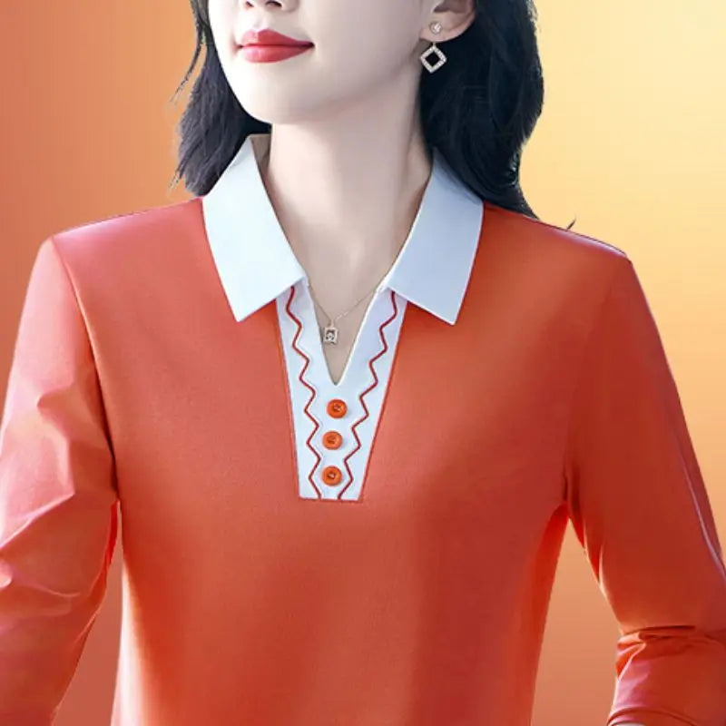 2025 Autumn New Women Clothes Office Lady Simplicity Patchwork Polo-Neck Top Tee Ladies Fashion Loose Buttons Long Sleeve Shirts.