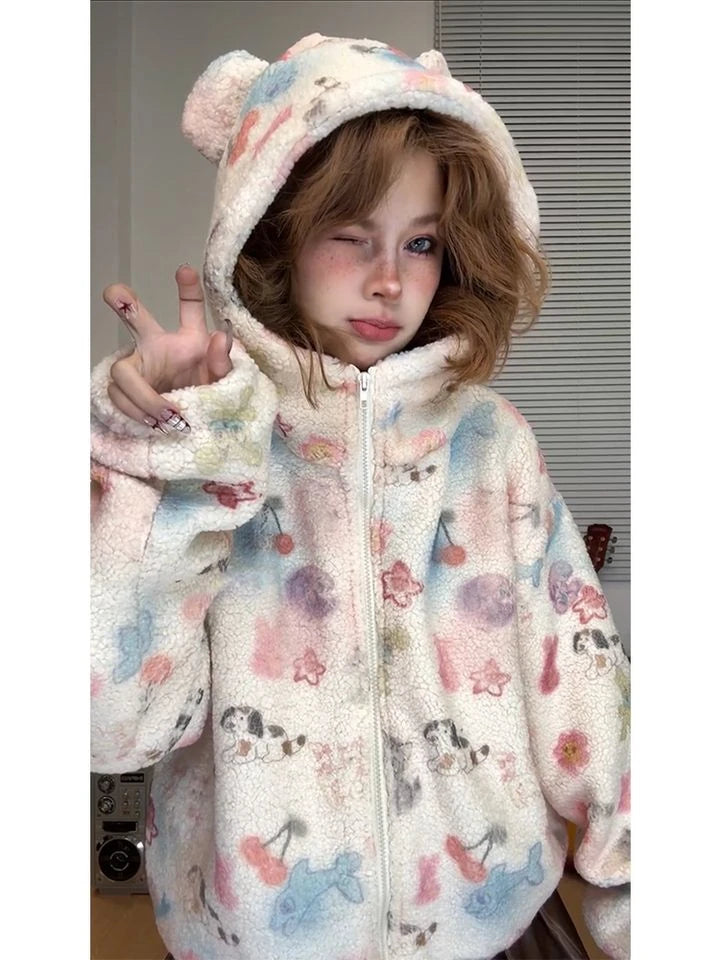 Japanese Kawaii Print Hooded Coats Women Sweatshirts Harajuku Printed Jacket Aesthetic Grunge Blouse Subculture Cute Y2k Tops.