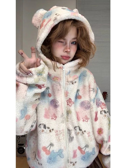 Japanese Kawaii Print Hooded Coats Women Sweatshirts Harajuku Printed Jacket Aesthetic Grunge Blouse Subculture Cute Y2k Tops.