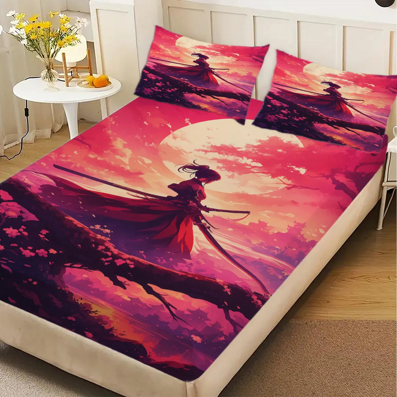 1pc 3D Fitted Sheets Set Sunset Samurai Cherry Blossom Tree Pattern  Bedding Set Printed Customized For Man And Kids Decorate.