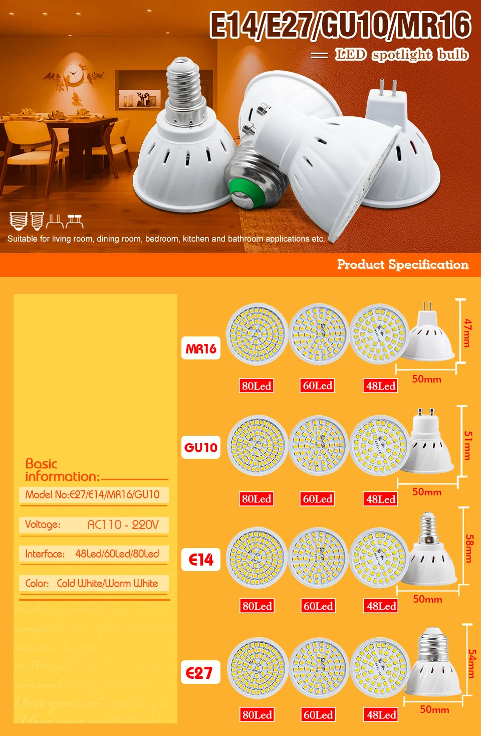 1-10Pcs Led-lampe GU10 MR16 E27 E14 GU5.3 Scheinwerfer Lampada 110V 220V Bombillas Spot Licht ersetzen Halogen Lampe Hause Derection.
