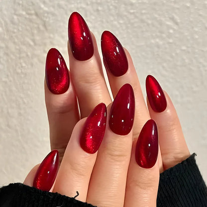 24pcs Glossy Red Cat's Eye Press On Nails Full Cover Nude Color Wearable Almond False Nails Charms Detachable Fake Nail For Girl.
