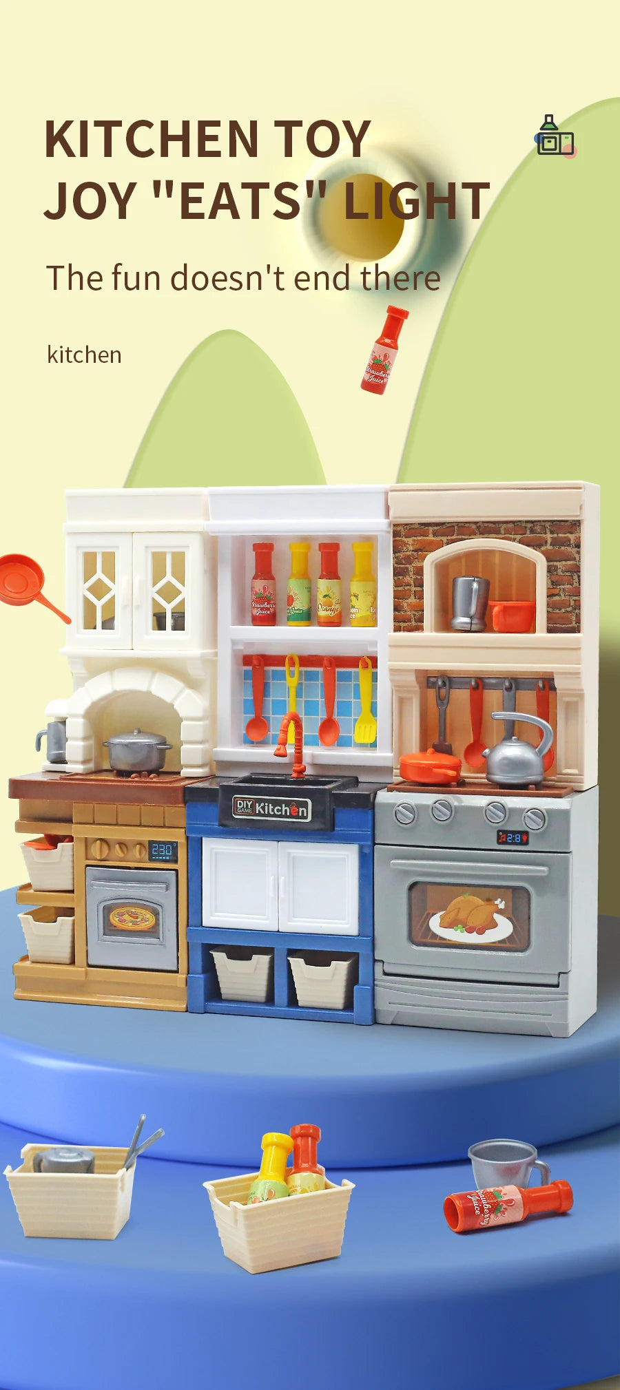 DIY Kid Play House Simulation Kitchen Pretend Toys Kitchenware Lighting and Sounds Cooking Game Set Children Fun Educational Toy.