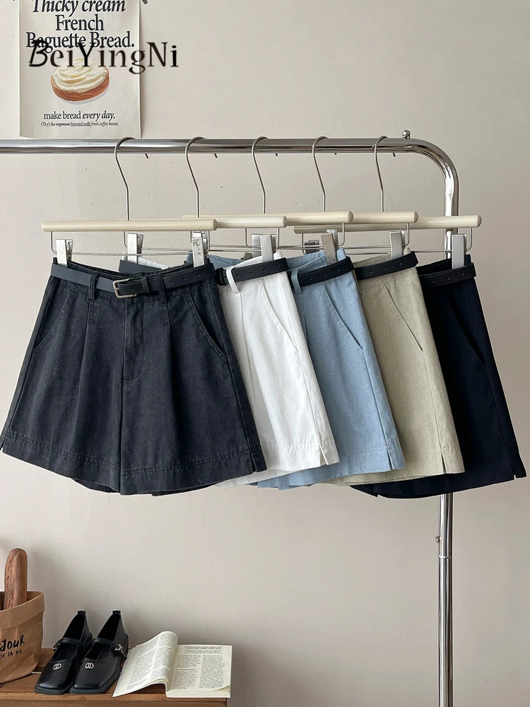 Beiyingni Korean Women High Waist Shorts With Belt Elegant Cotton Linen Casual Slim Female Shorts White Street Short Cargo Pants.