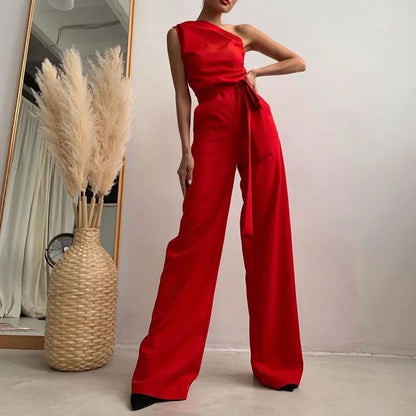 Women Elegant Slash Collar Straight Romper Sexy Off Shoulder Suit One Piece 2023 Fashion Lady High Waist Bow Solid Jumpsuits