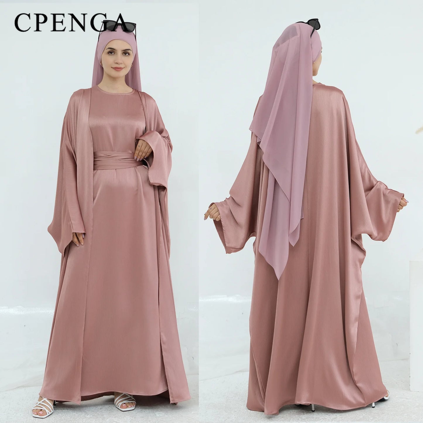 Two Piece Arabic Outfit Set for Muslim Women Elegant Modest Abaya Dress with Inner Ramadan Islamic Coat New Turkish Kaftan Robe.
