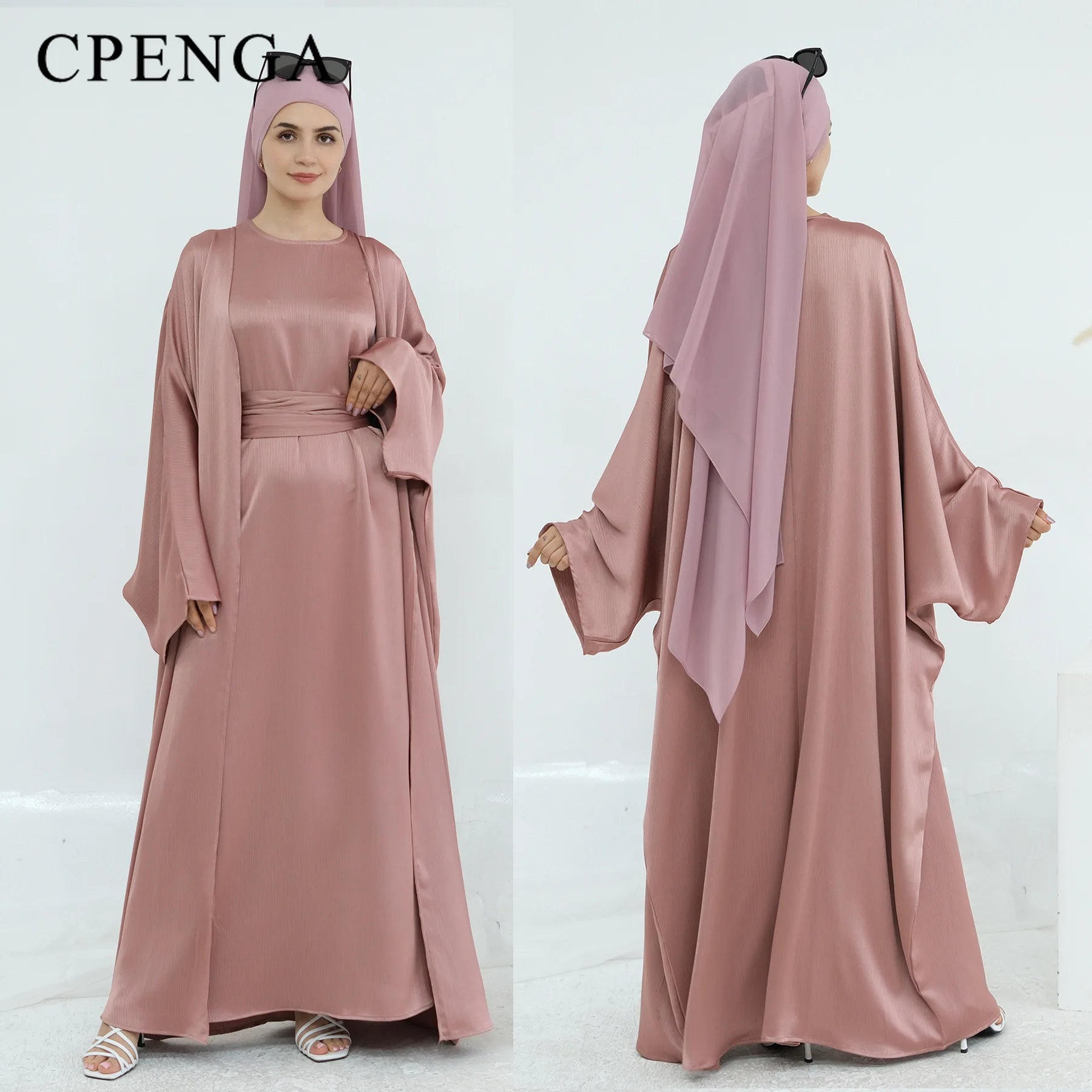 Two Piece Arabic Outfit Set for Muslim Women Elegant Modest Abaya Dress with Inner Ramadan Islamic Coat New Turkish Kaftan Robe.