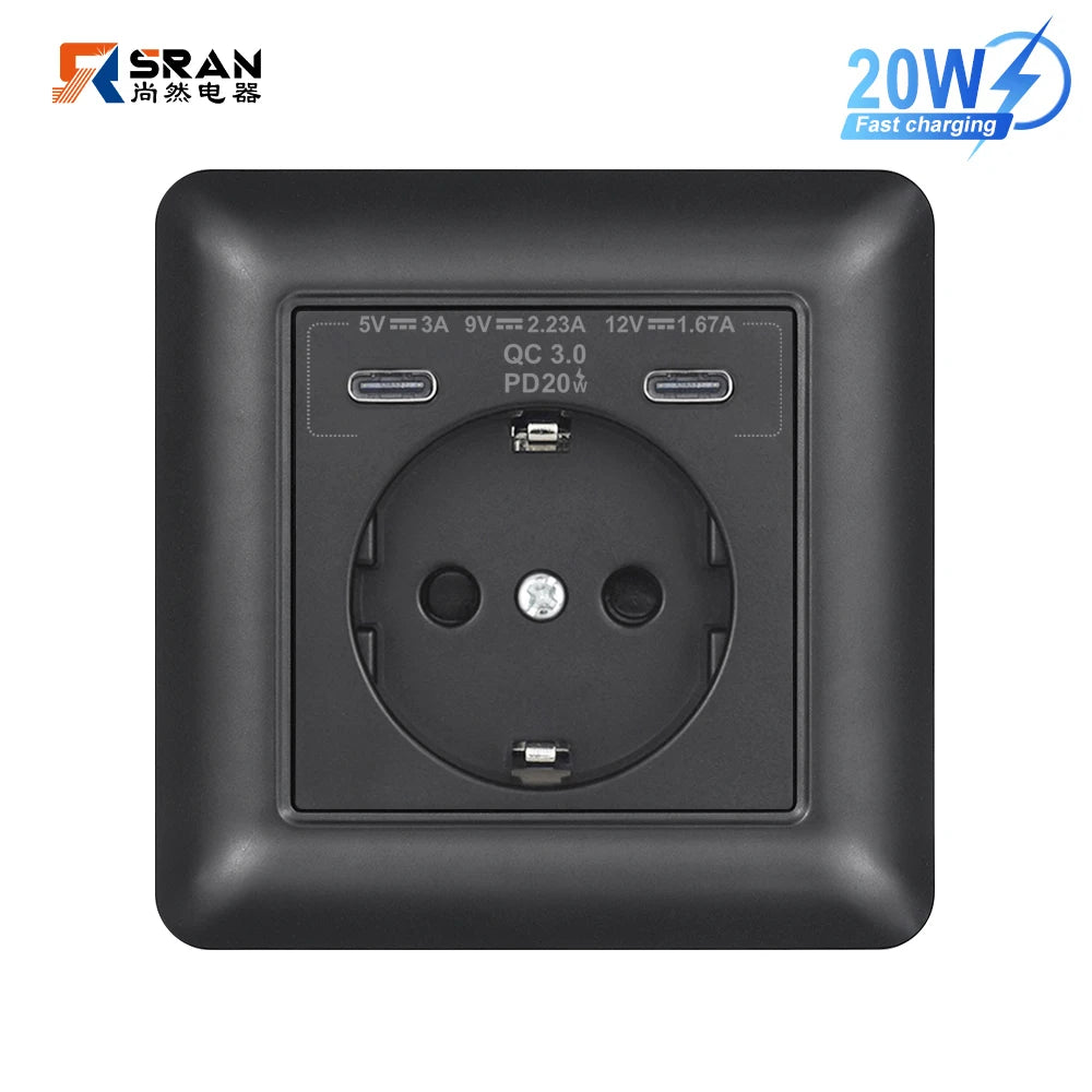 SRAN USB-Wandsteckdose, 20 W, schnelles Laden und 5 V, 2 A, EU-Standard, 82 x 82 mm, flammhemmendes PC-Panel, USB-Typ-C-Kombination.