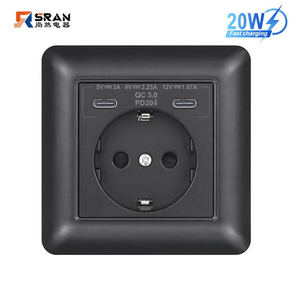 SRAN USB-Wandsteckdose, 20 W, schnelles Laden und 5 V, 2 A, EU-Standard, 82 x 82 mm, flammhemmendes PC-Panel, USB-Typ-C-Kombination.