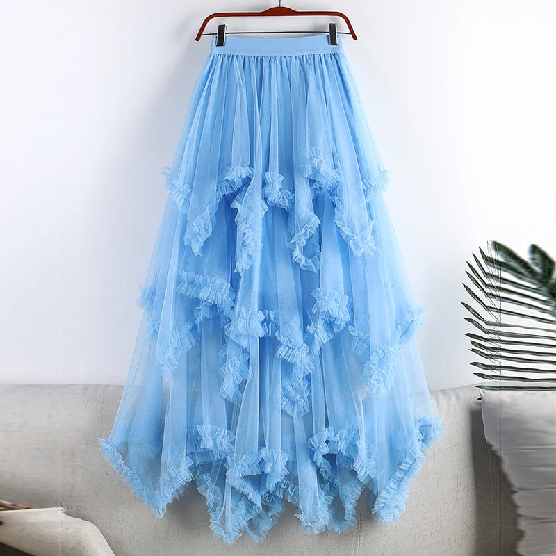 Autumn Winter New 2025 Irregular Cake Tulle Skirt Women Sweet Midi Long High Waist A Line Skirt Female Mesh Party Skirt Lady