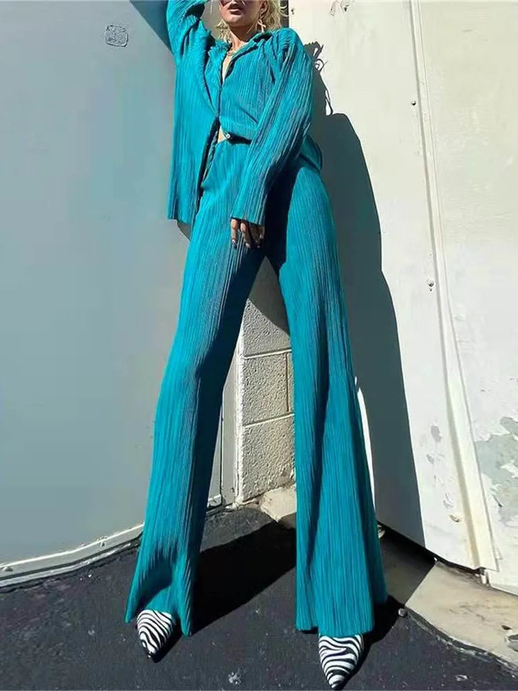 2024 Spring Autumn Women's New Solid Color Button Shirt Long Sleeve Drop Feel Loose Soft Wrinkle Casual Two Piece Set.