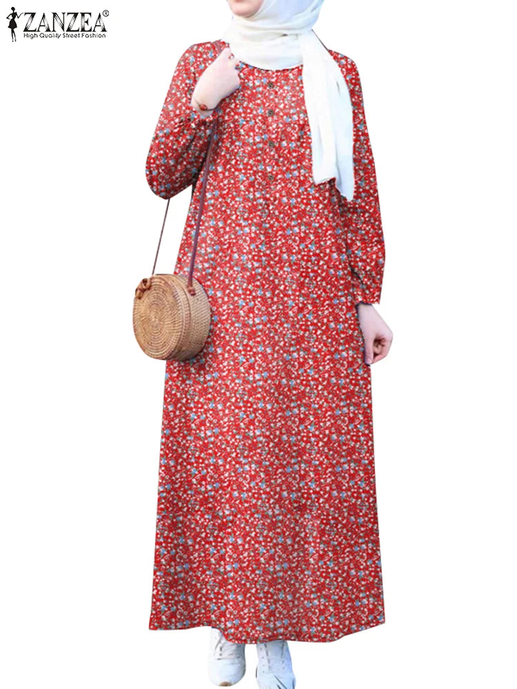 ZANZEA Islamic Women Floral Print Maxi Dress Long Sleeve Loose Casual Abaya Robes 2025 Spring Muslim Hijab O Neck Kaftan Dresses.