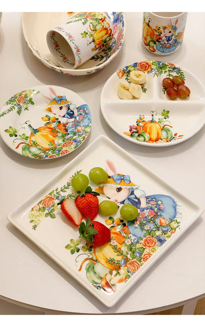 Creative Pumpkin Rabbit Pattern Tableware Garden Style Ceramic Plate Home Cute Dinner Plate Salad Bowl Kitchen Accessories.