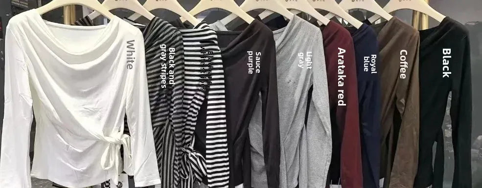 Women's Long Sleeve Striped T-Shirt Shoulder Baring Side Tie Base Shirt Versatile Autumn Fashion Design Cotton Top.