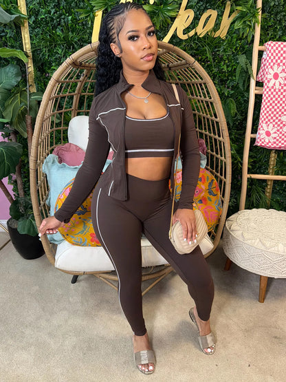 Weird Puss Casual 3 Piece Set Women Tracksuit Elastic Vest+Zip Jacket+Leggings Matching Street Sporty Fitness Street Shapewear.