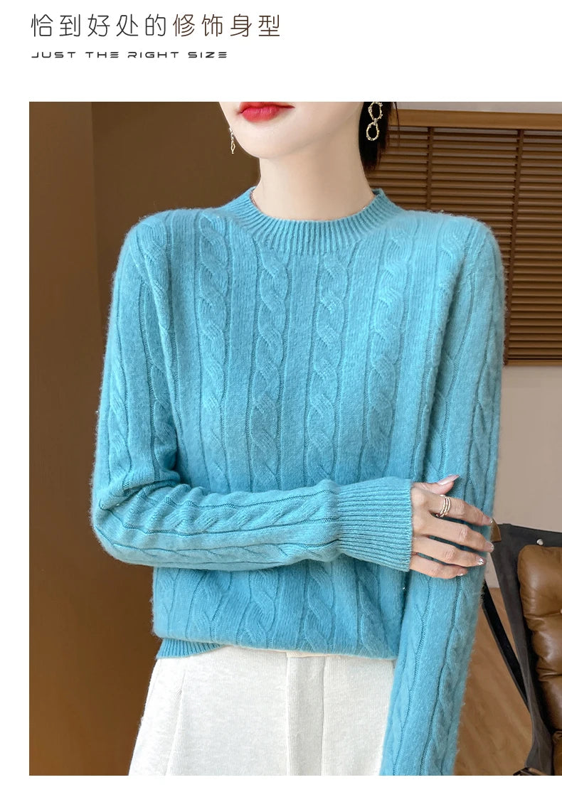 Frauen 100% Merino Wolle Verdickung Pullover Oansatz Gestrickte Twisted Pullover Herbst Winter Kaschmir Langarm Kleidung Basis Tops.