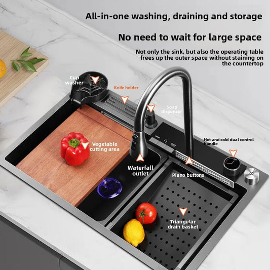 Küche Nano 304 Edelstahl Digitale Umgebungslichtspüle, Wasserfall Regenprägung Große Einzelspüle mit Messerhalter