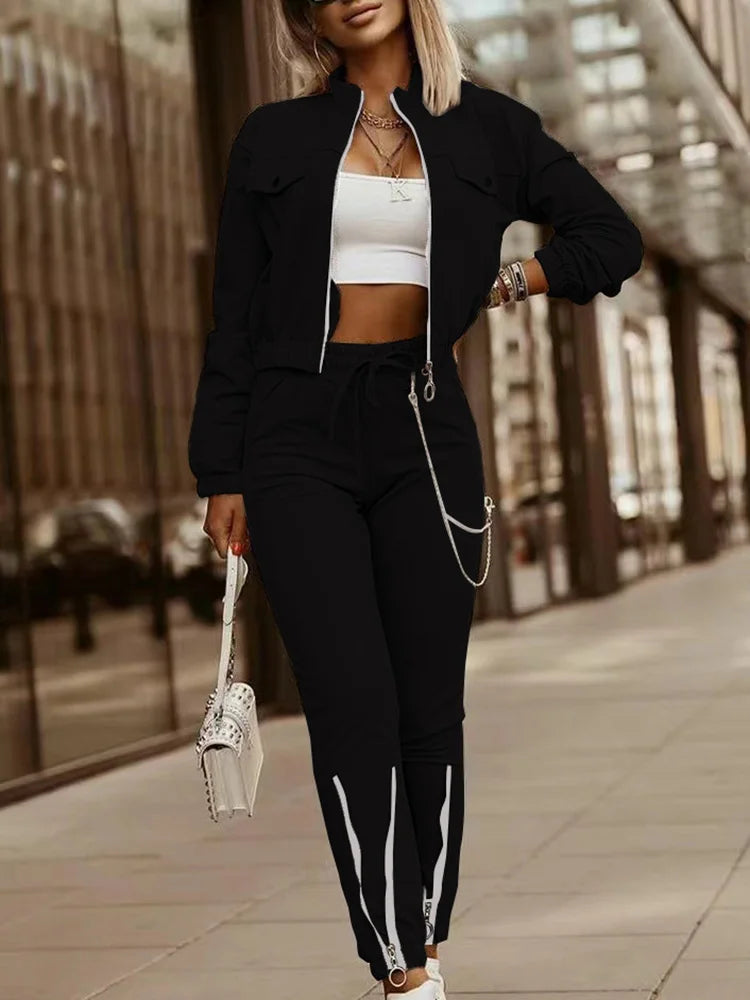 Two Pieces Matching Sets, Women Autumn Winter Long Sleeve Stand Collar Coats Outfit, Elastic Waist Pencil Pants Loungewear Suits.