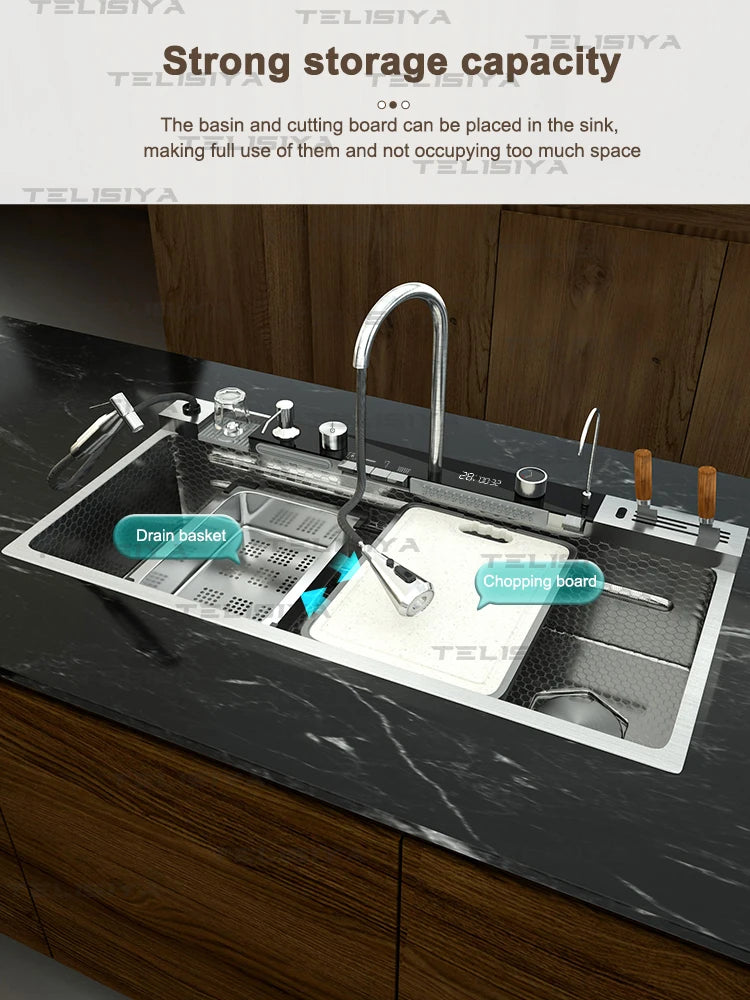 Edelstahl-Küchenspüle, multifunktionale Digitalanzeige, Wasserfall, großer Einzelschlitz mit Rack für Messerwaschbecken