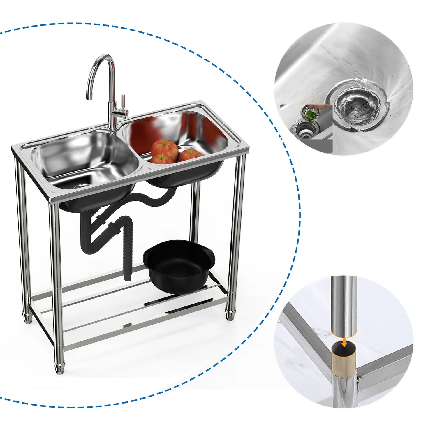 Doppelspüle aus Edelstahl mit Warm- und Kaltwasserhähnen und Ablaufset, perfekt für Garten und Camping