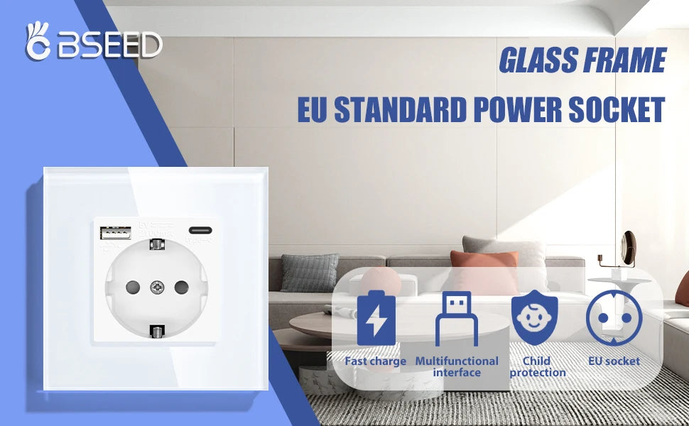 BSEED EU Standard Einzigen Steckdose Doppel Glas Steckdosen Triple Steckdosen Steckdose Für Home Office Schlafzimmer 16A.
