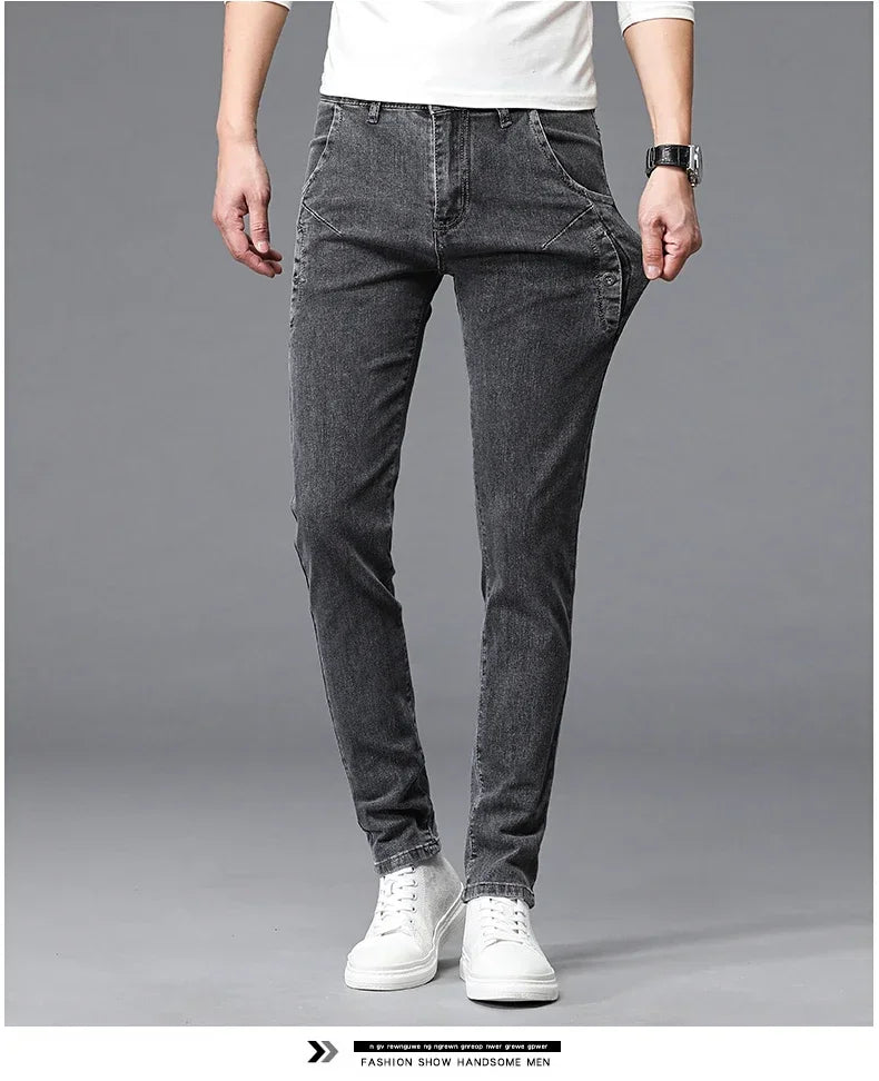 2024 New Men's Skinny Jeans Blue Gray Cotton Elasticity Straight Pencil Foot Slim Fit Fashionable Casual Denim Long Pants Male
