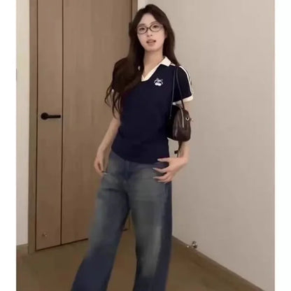 Korean Style Sweet Cool Polo Neck Color Block T-Shirt Women's Fashion Autumn Versatile Short Sleeve Mixed Fabric T-Shirt.