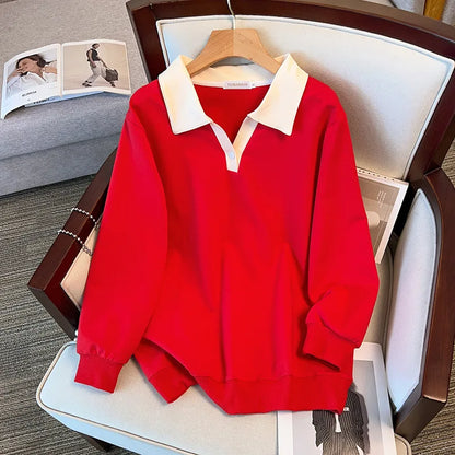 170kg plus size Damen büste Herbst lose Revers Langarm Sweatshirt schwarz rot 6xl 7xl 8xl 9xl 10xl 11xl