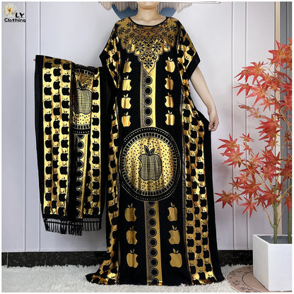 2023 New Muslim Summer Short Sleeve Robe Gold Stamping Boubou Maxi Women Femme Loose Dress With Big Scarf African Abaya Clothes