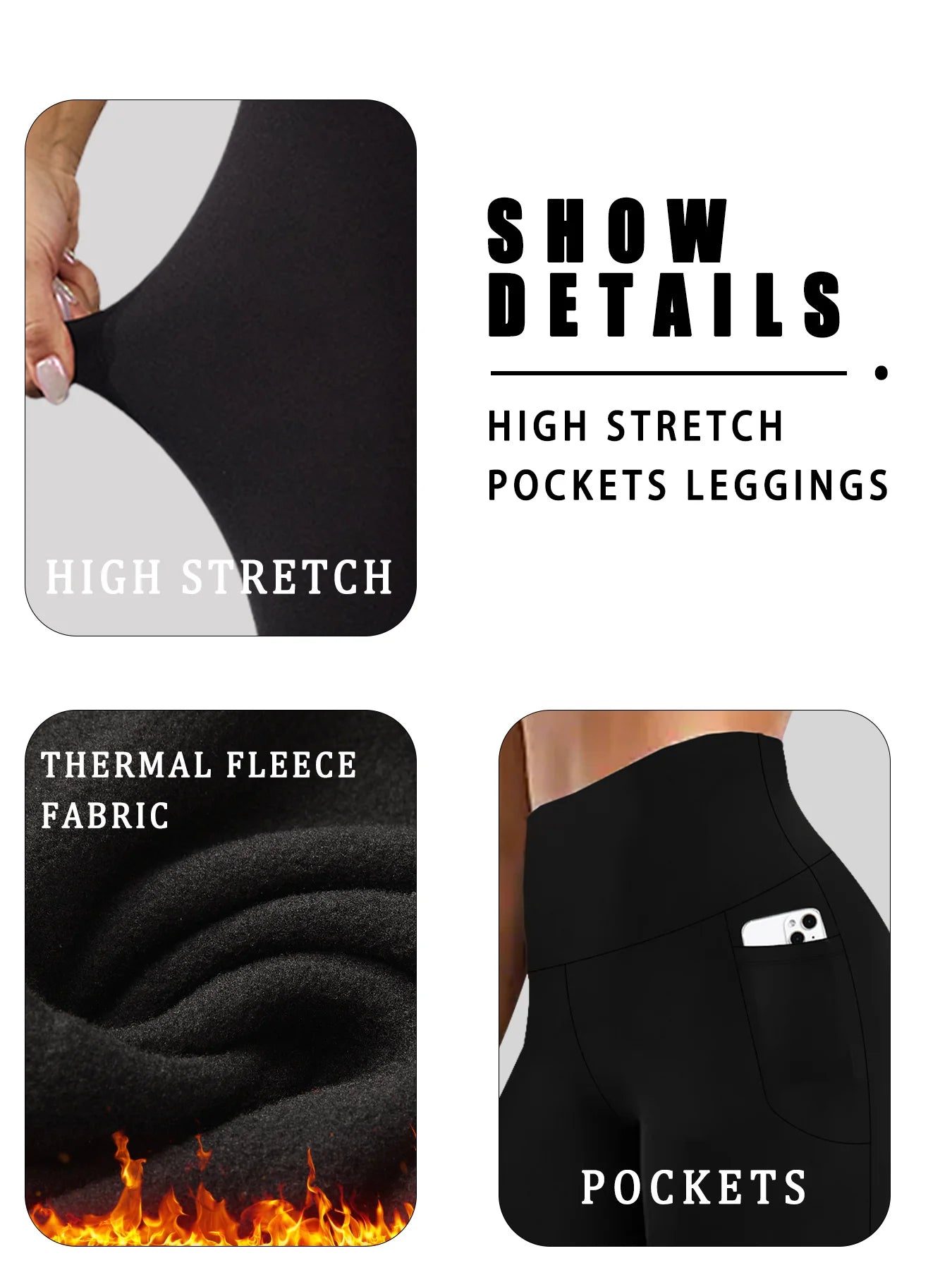 Womens Thermal Fleece Lined High Waisted with pockets Leggings, Workout Winter Warm Thick Tights Soft Yoga Running Pants.