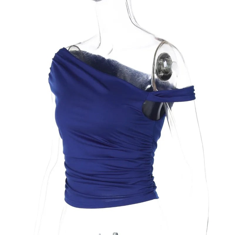 BOOFEENAA Asymmetrical One Shoulder Crop Tops Black Blue Sexy T Shirts for Woman Summer 2025 C95-BA13.