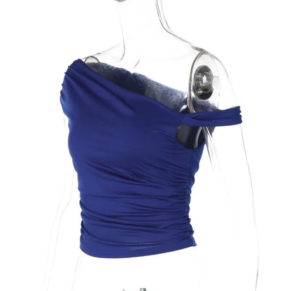 BOOFEENAA Asymmetrical One Shoulder Crop Tops Black Blue Sexy T Shirts for Woman Summer 2025 C95-BA13.