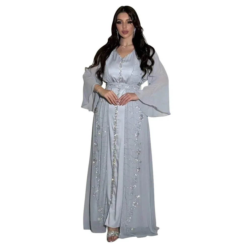 Muslim Set Dress Women Four-season Commute Muslim Set Fashion Party Dubai Turkey Long Sleeve Chiffon Cardigan Dress and Vest 2ps.