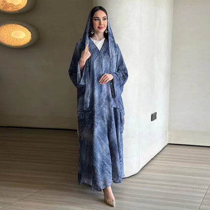 Uni Abaya Dubai 2025 Marble Print Hijab Abaya 2 Piece Set Chiffon Summer Modest Dresses Open Abaya Islamic Clothing.